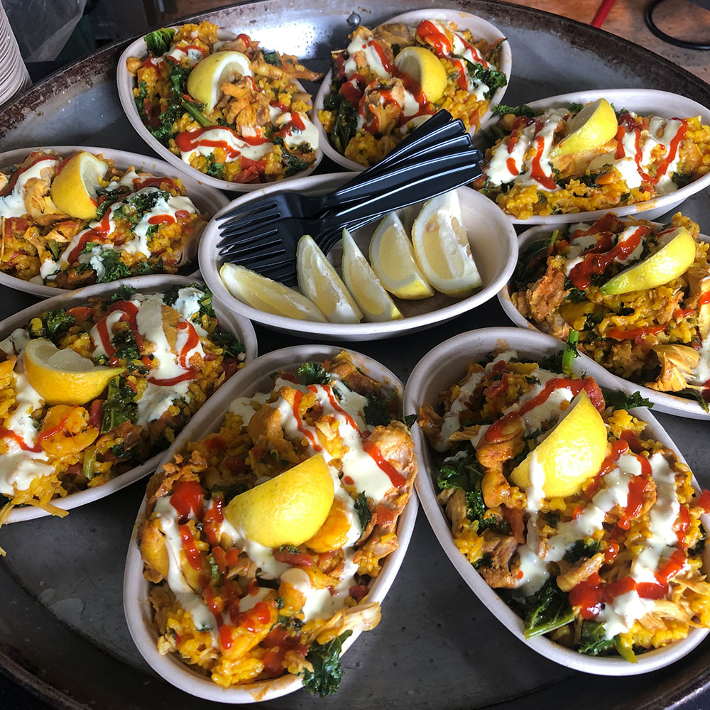 Paella dishes with lemon
