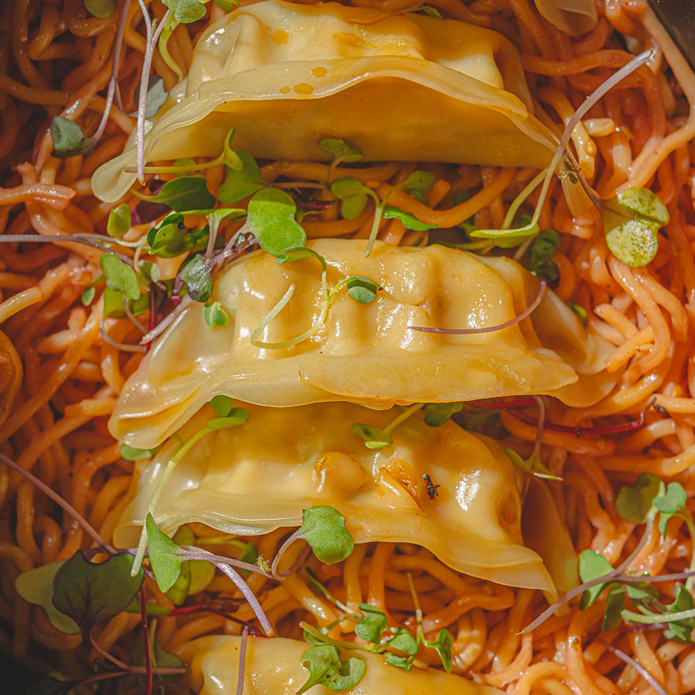 Dumplings over noodles
